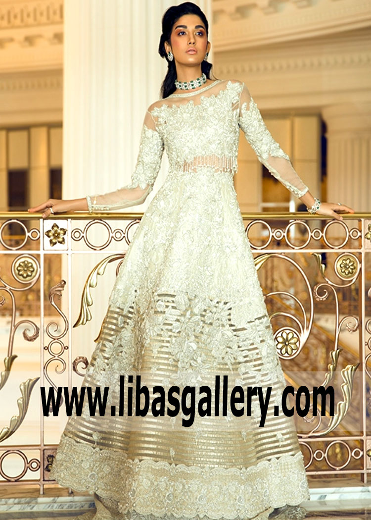 Offwhite Modern Long Sleeves Illusion Neckline Embellished Gown By Faraz Manan