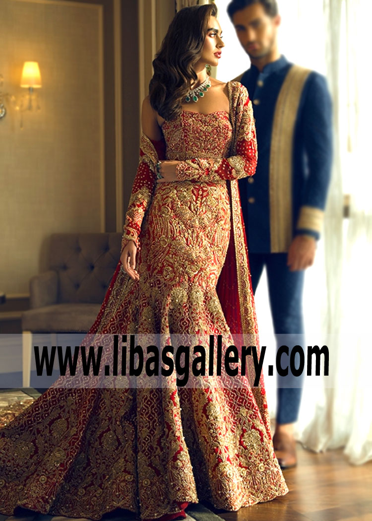 Red Heavily Embellished Lehenga choli Wedding Dress By Faraz Manan