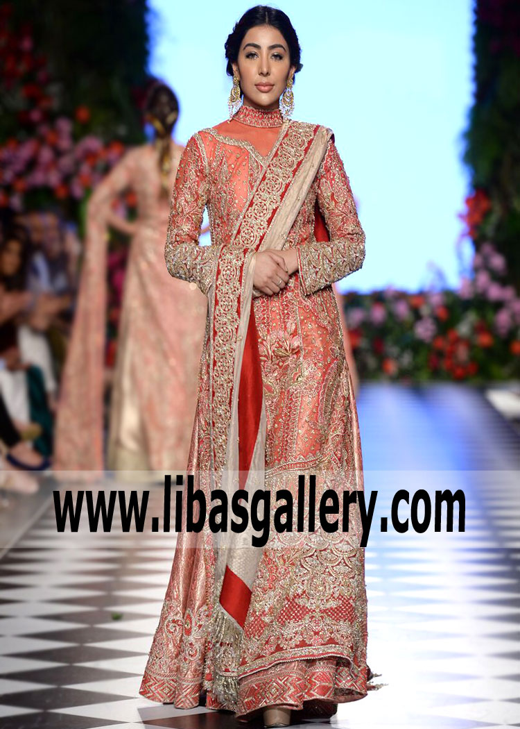 Pastel Red High Neck Embellished Gown with Sharara By Faraz Manan