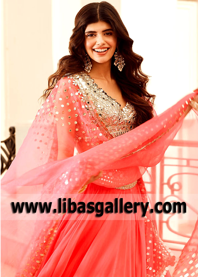 Hot Pink Lily Mirror Embroidered Lehenga