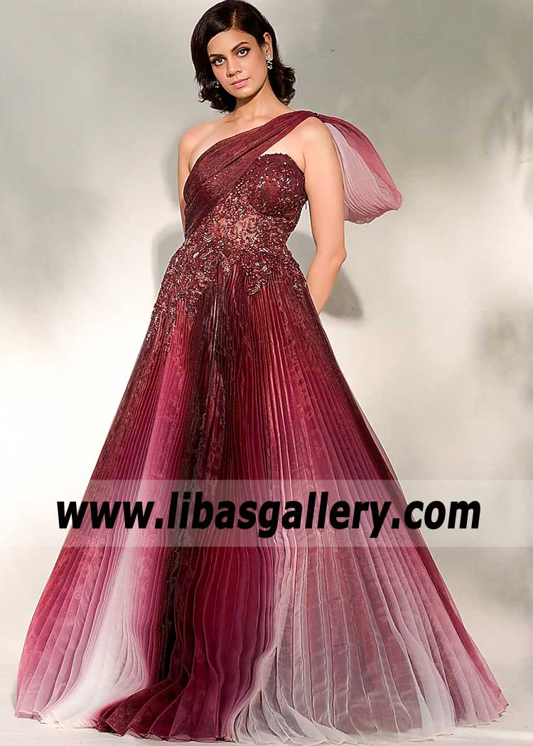 Burgundy Ovule Embroidered Pleated Gown