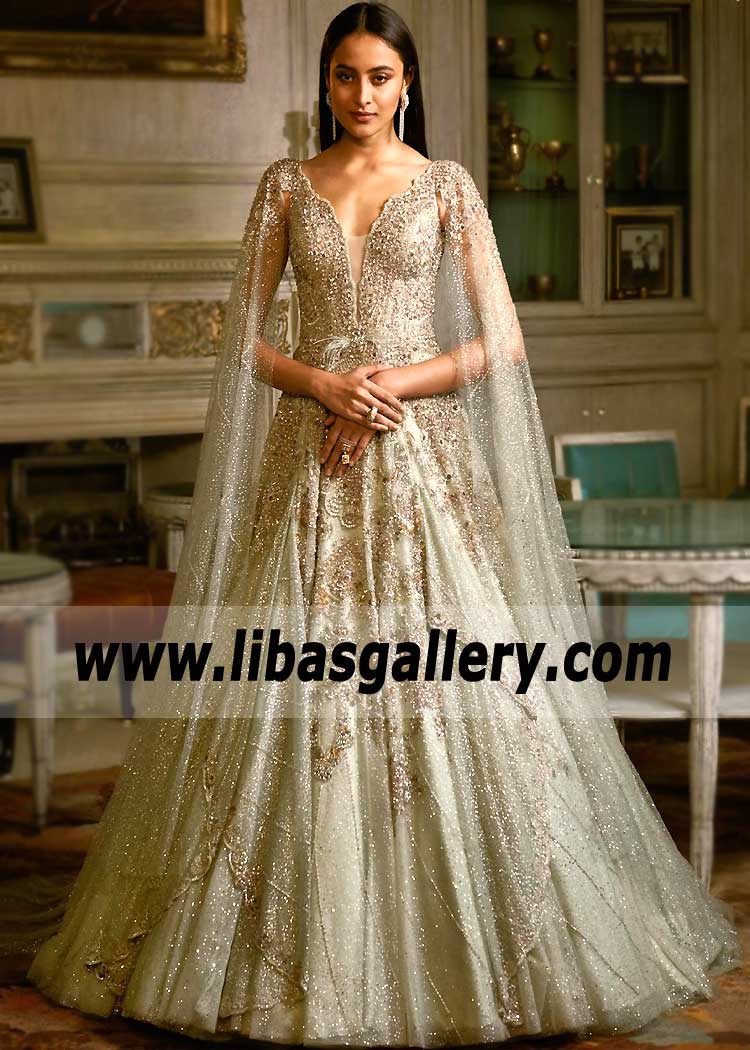 Tea Green Floor Length Bridal Gown