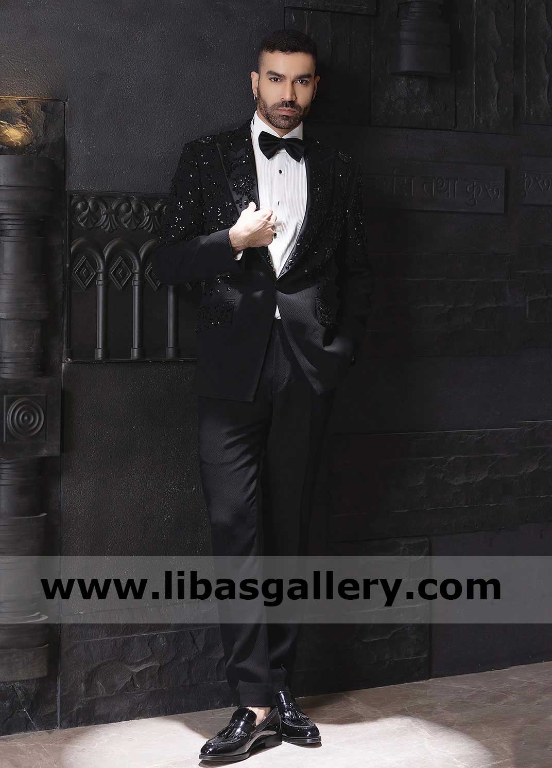 Luxury Bespoke Embellished Black Tuxedo Suit for groom USA | Black Tuxedo Luxury Bespoke Embellished Black Tuxedo Suit for groom USA | Black Tuxedo
