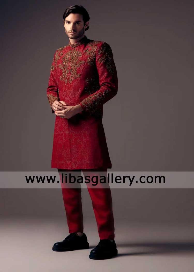 Maroon Groom Sherwani a true Royal masterpiece with self and Antique Zardozi work hat demonstrate the extraordinary look London Perth Dubai