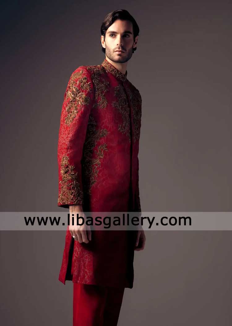 Maroon Grand Wedding Raw Silk Sherwani