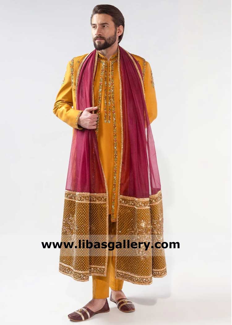 Mustard Open Style Groom Wedding Sherwani