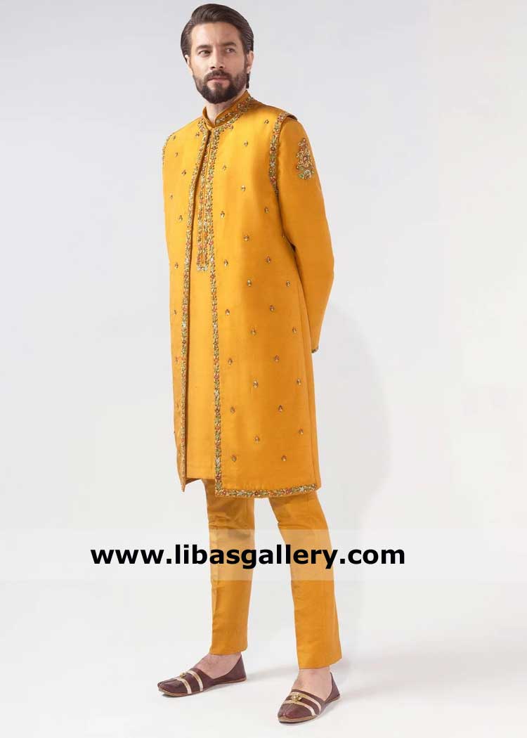 Mustard Open Style Groom Wedding Sherwani