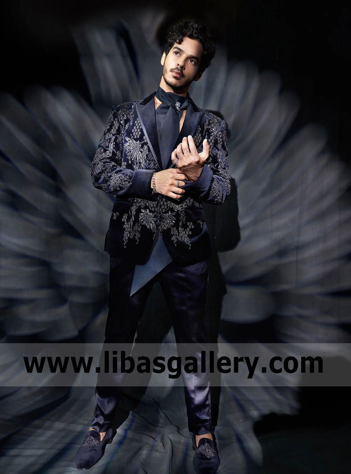 Navy Silk Velvet Bead Embellished Tuxedo Set