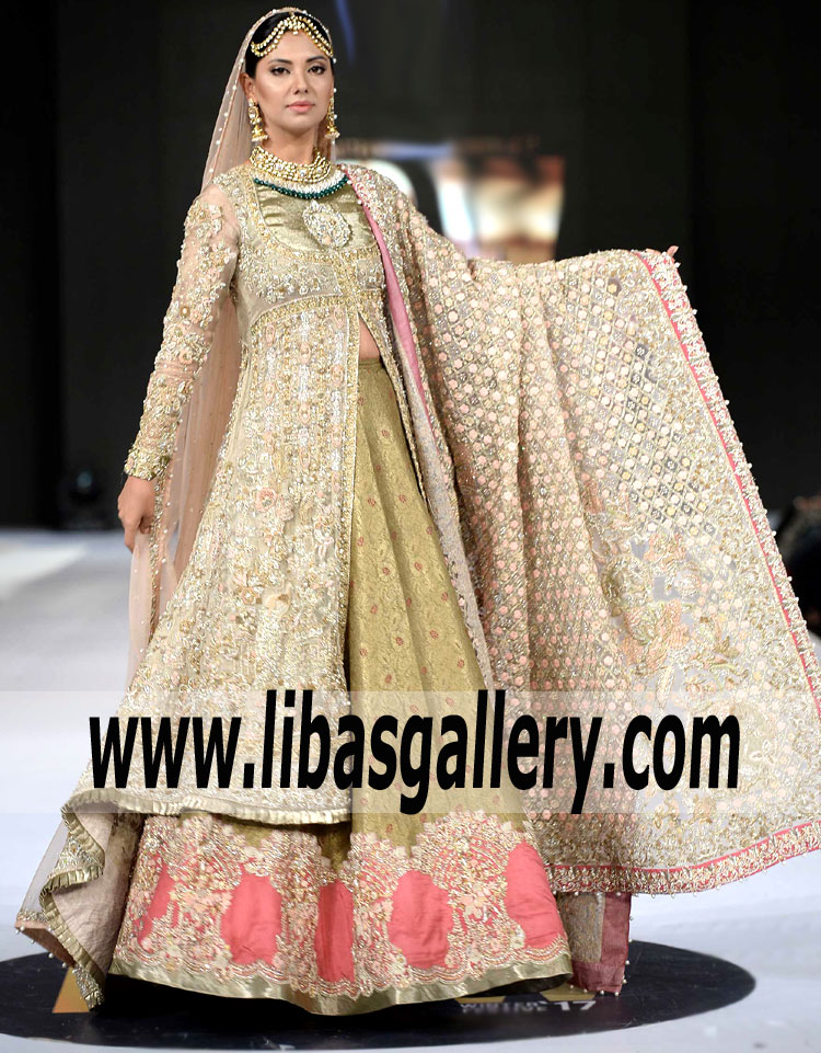 Amazing Beige Gold Montana Bridal Anarkali Gown