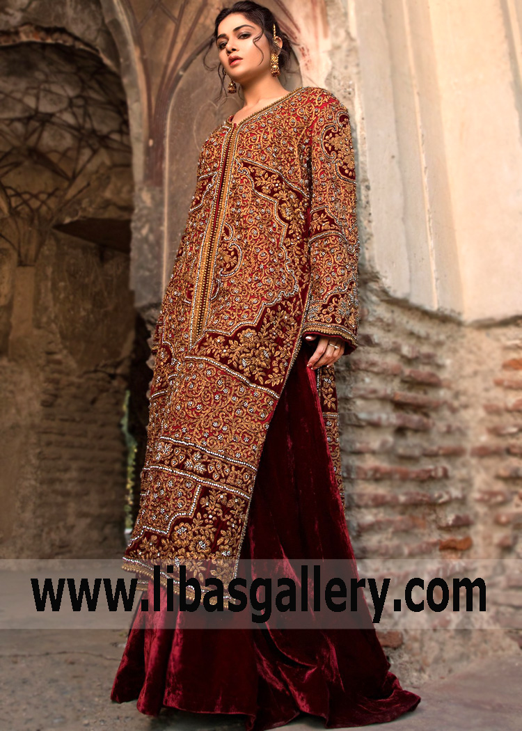 Pakistani Designer Long Coat Sharara Dresses Chesapeake Virginia USA Maroon Velvet Formal Dresses