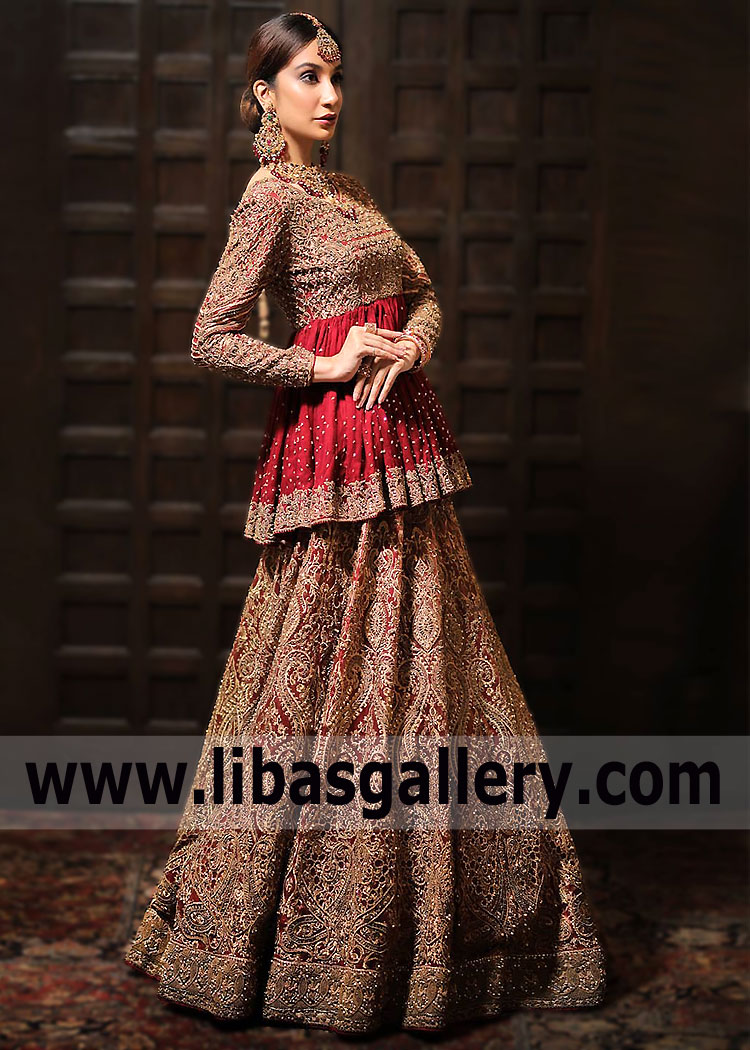Dark Red Silene Peplum Top With Lehenga