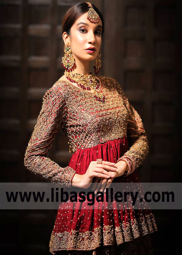 Dark Red Silene Peplum Top With Lehenga