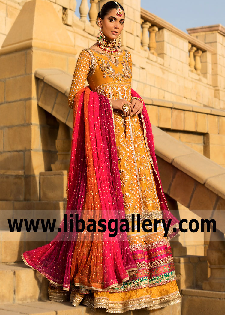 Breathtaking Anarkali Dress for Mehndi Zainab Chottani Haywar California USA Pakistani Anarkali Dress