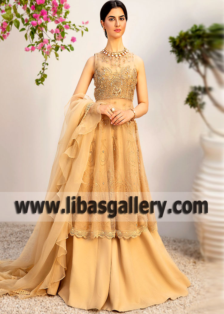 Champagne Gold Anarkali Suits San Antonio Texas USA Anarkali Sharara Suits for Wedding Pakistan