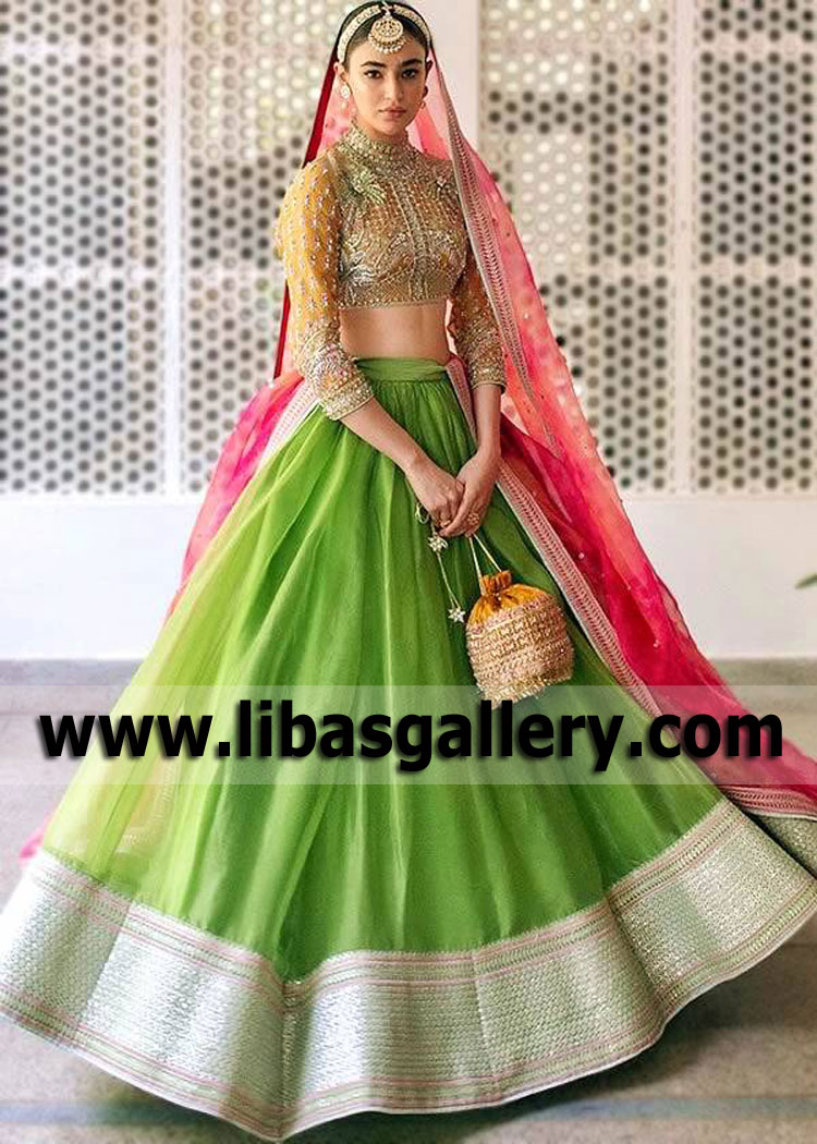 Buy For Mehndi Green Pure Butterfly Net Lehenga Choli Online - LEHV2664 |  Appelle Fashion