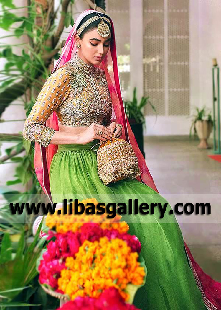 Gold Green Alcea Bridal Lehenga Mehndi Dress