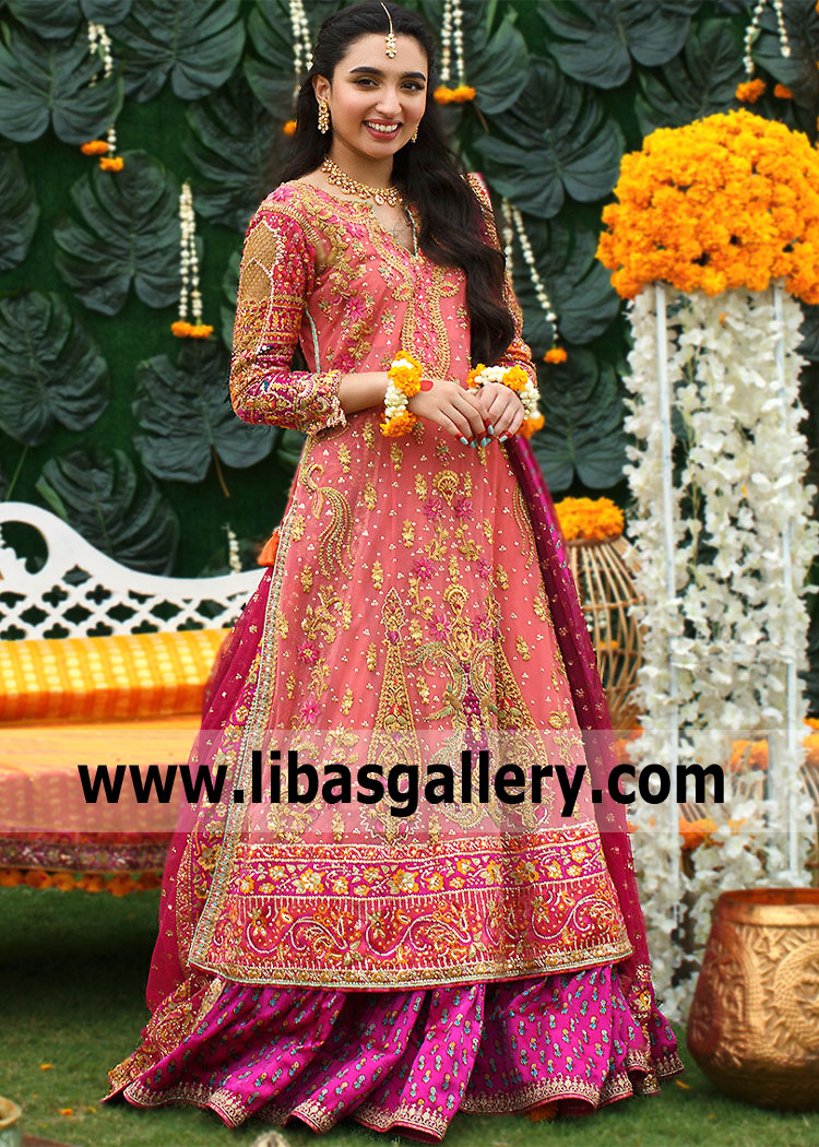 Salmon Pink Bougainvillea Lehenga for Wedding