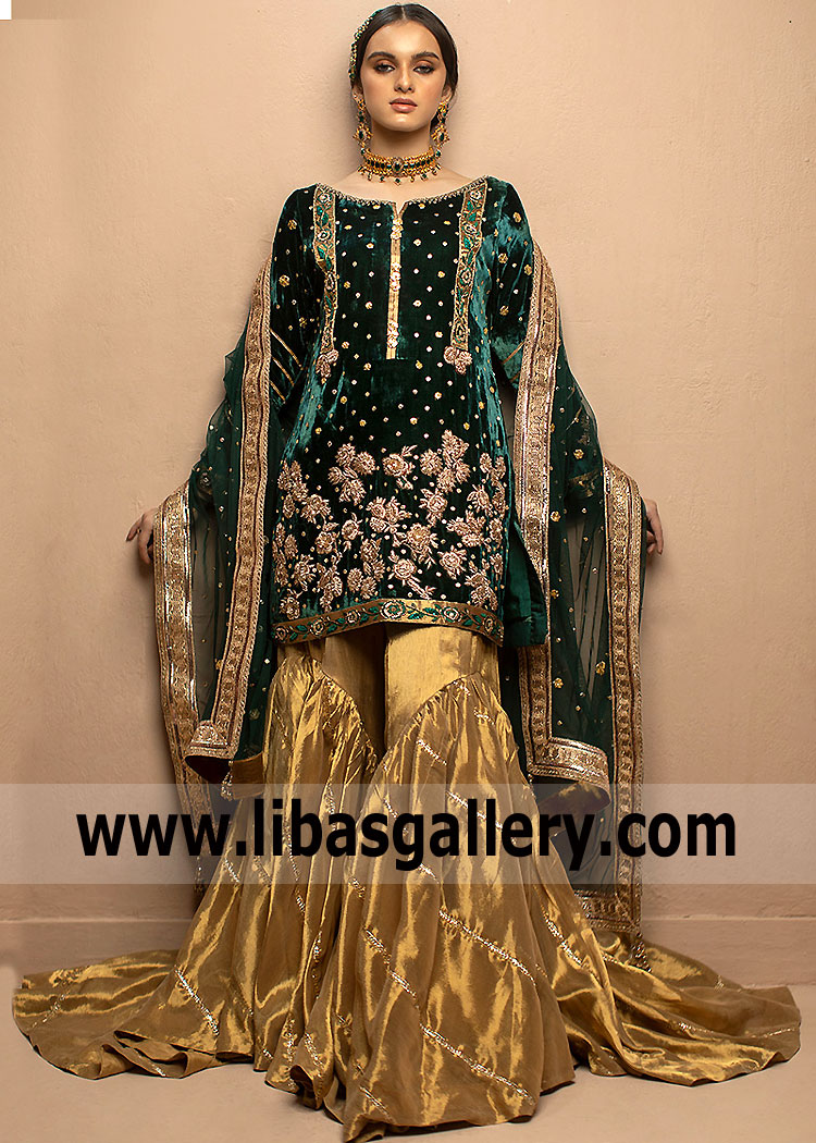 Dark Green Gold Gharara Dress for Bride or Bridesmaid