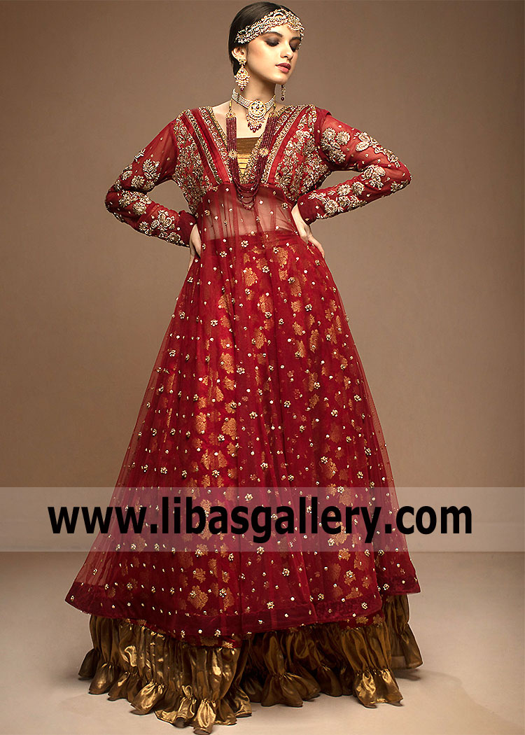 Glorious Crimson Lily Bridal Anarkali Lehenga