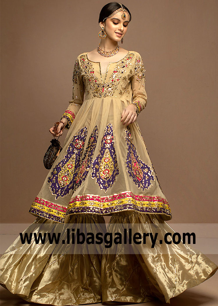 Dusty Gold Bloom Anarkali Gharara Suit