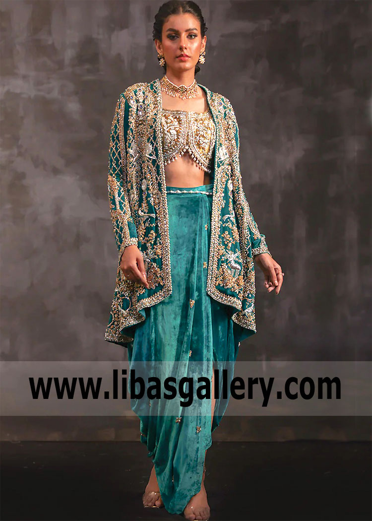 Teal Old Gold Velvet Jacket With Dhoti Salwar