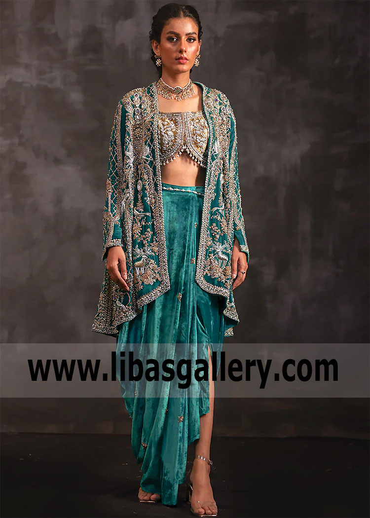 Teal Old Gold Velvet Jacket With Dhoti Salwar