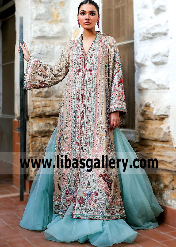 Tan Sky Blue Long Jacket Mermaid Lehenga for Wedding