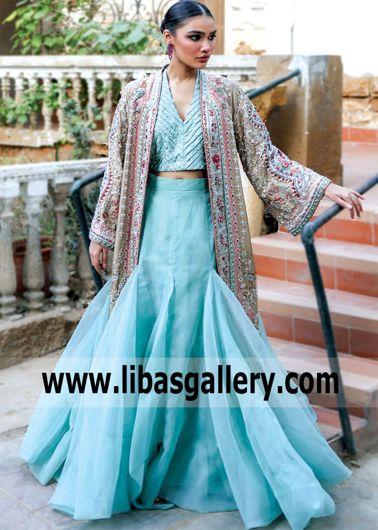 Tan Sky Blue Long Jacket Mermaid Lehenga for Wedding