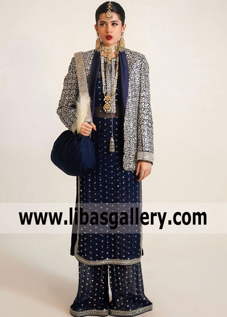 Moonlight Blue Fully Embroidered Jacket Trouser Suit