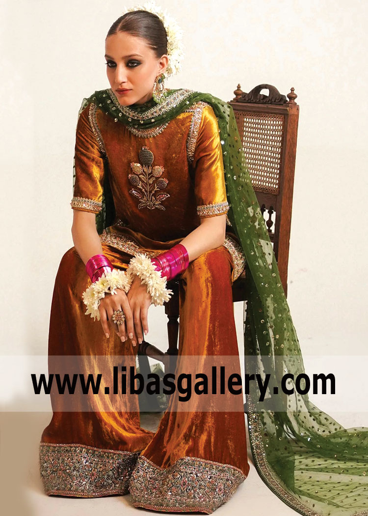 Gamboge Fleur Velvet Short Shirt And Shalwar