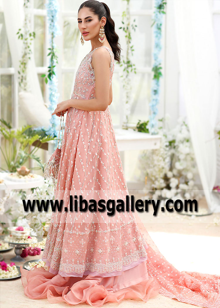Fusion Coral Engagement Anarkali Lehenga