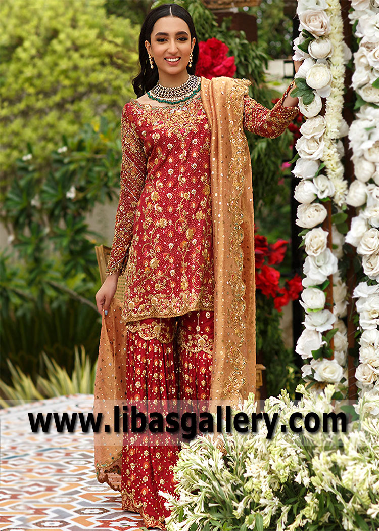 Pakistani Bridal Dress Dubai, United Arab Emirates Traditional Red Gold Gharara Style