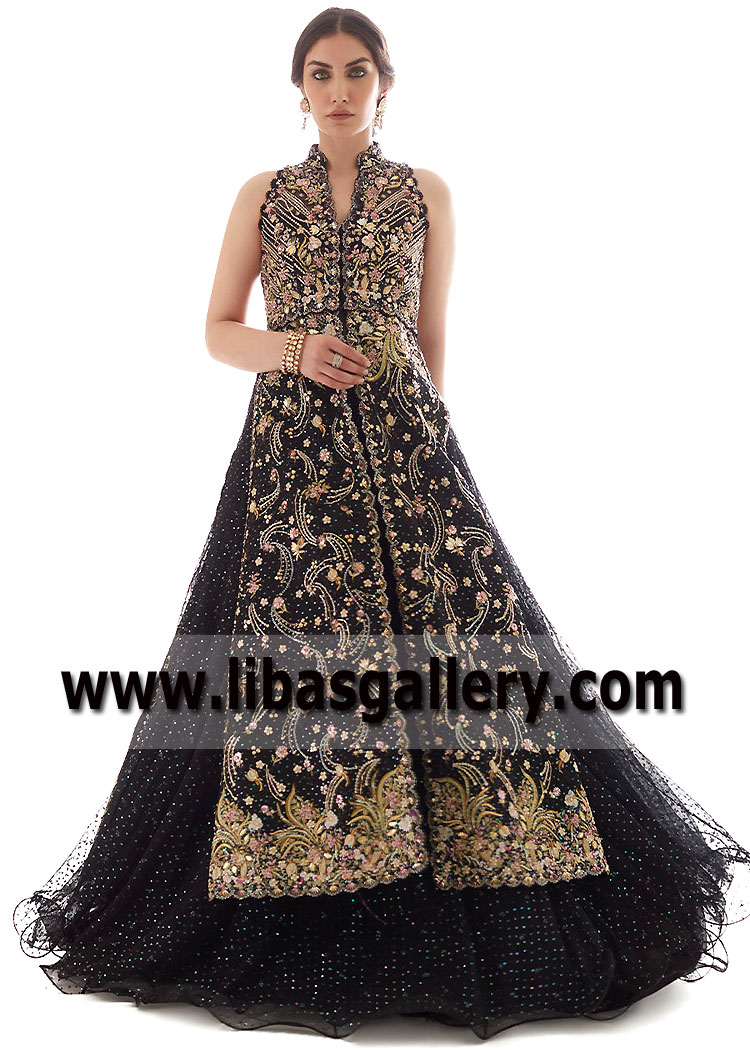 Black Magical Bloom Bridal Jacket with Lehenga