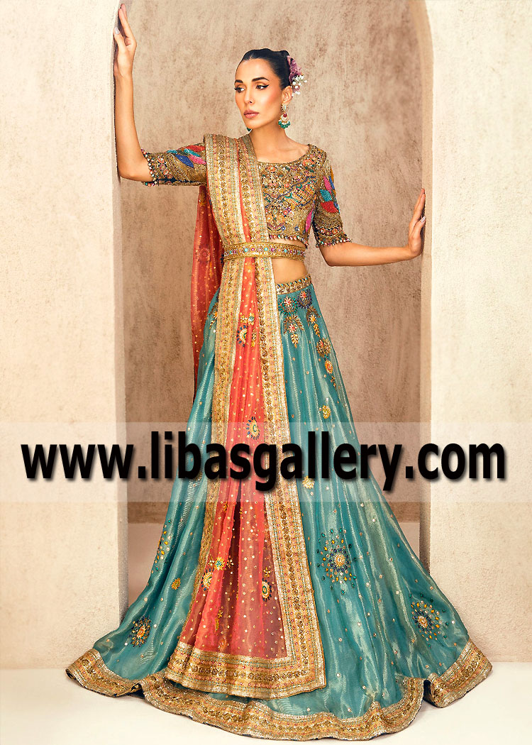 Verdigris Salmon Azalea Bridal Lehenga