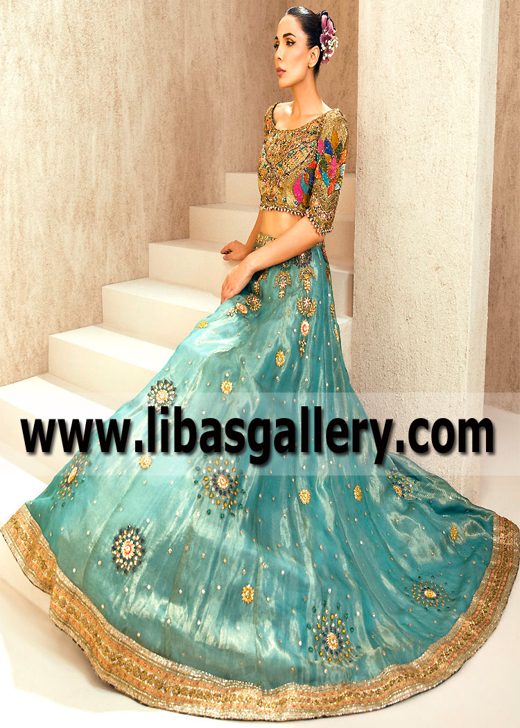Verdigris Salmon Azalea Bridal Lehenga