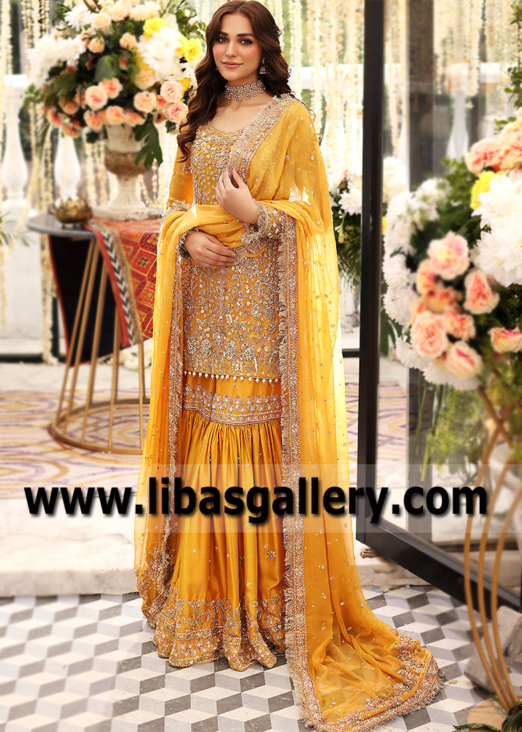 Amber Yellow Heliodor Gharara for Mayon Mehndi Event