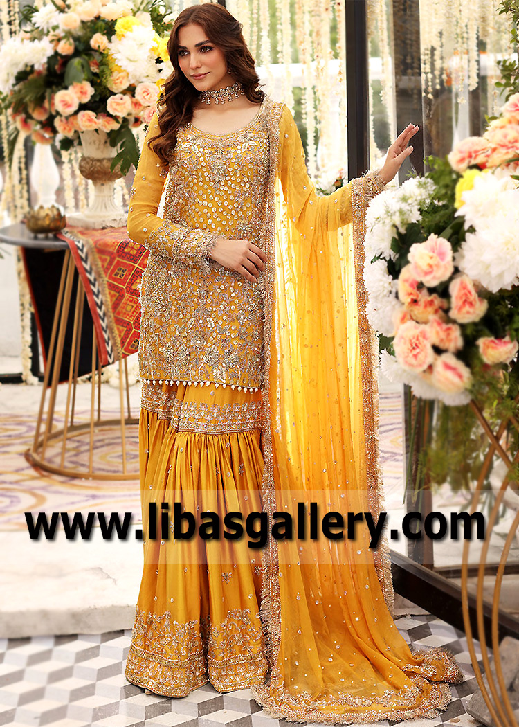 Amber Yellow Heliodor Gharara for Mayon Mehndi Event