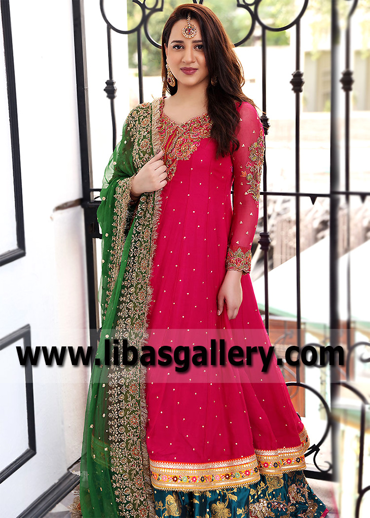 Teal Indicolite Lehenga with Raspberry Frock