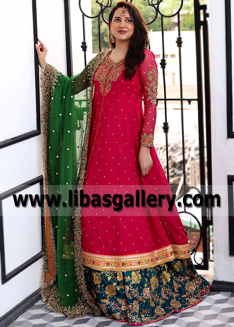 Teal Indicolite Lehenga with Raspberry Frock