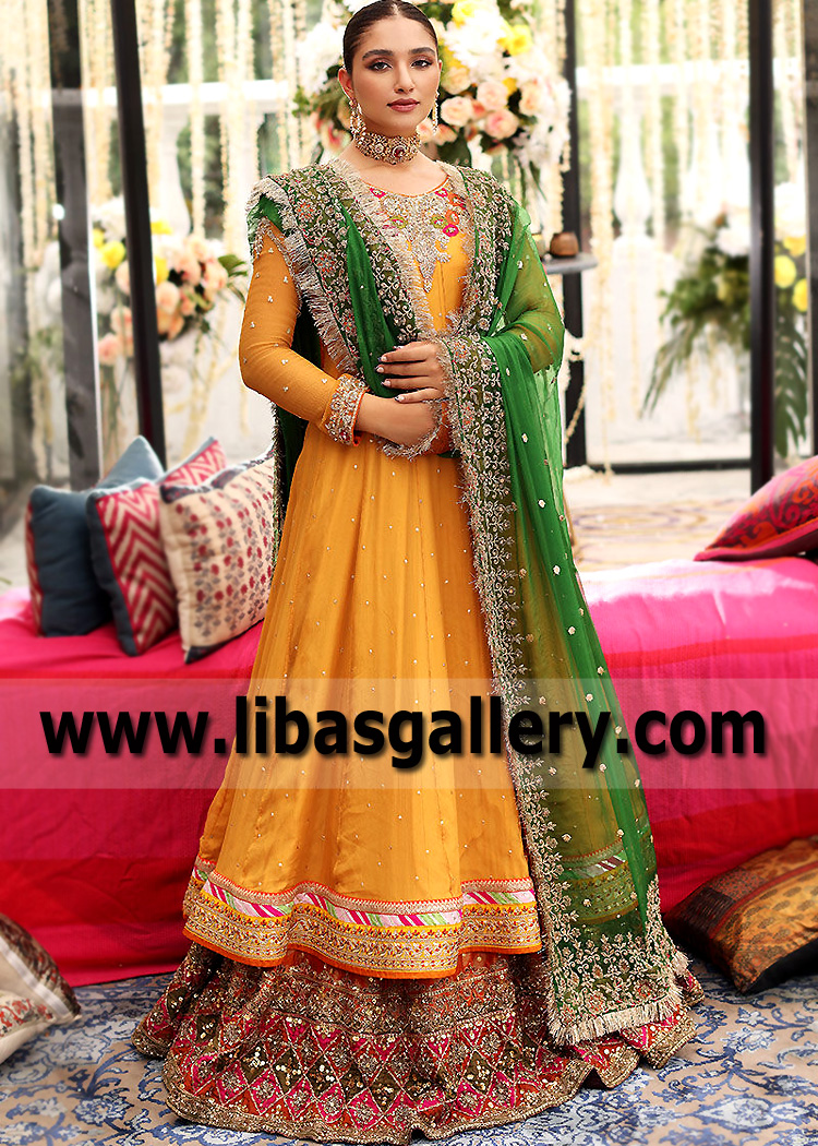 Amber Chrysoberyl Pishwas with Spanish Orange Lehenga