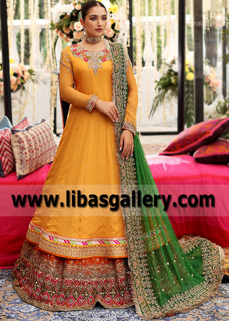 Amber Chrysoberyl Pishwas with Spanish Orange Lehenga