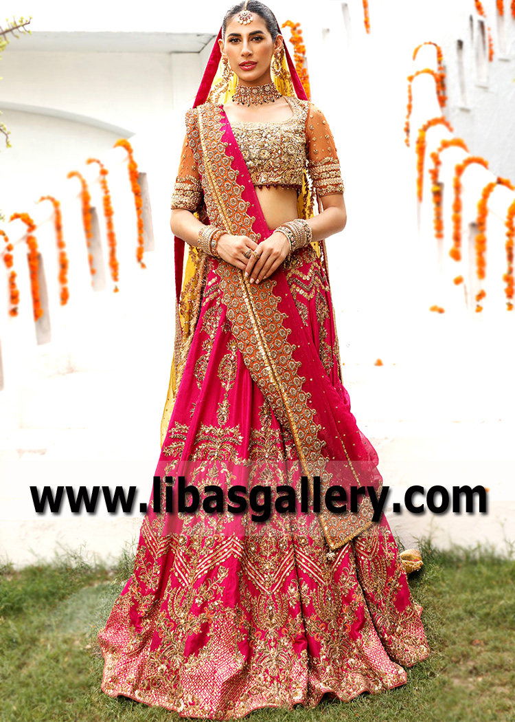 Rose Tsavorite Lehenga with Orange Choli