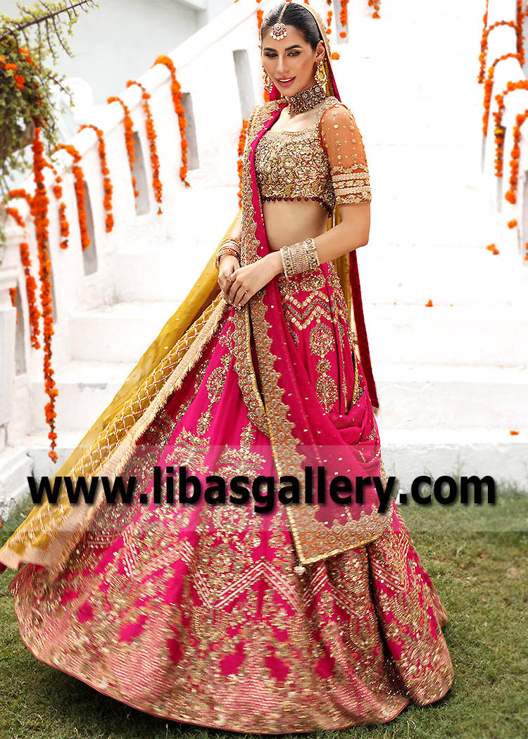 Rose Tsavorite Lehenga with Orange Choli
