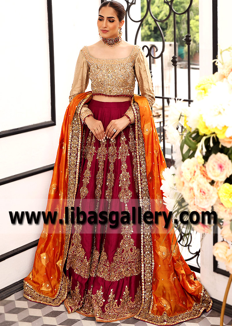 Burgundy Gold Rhodolite Lehenga with Tan Choli