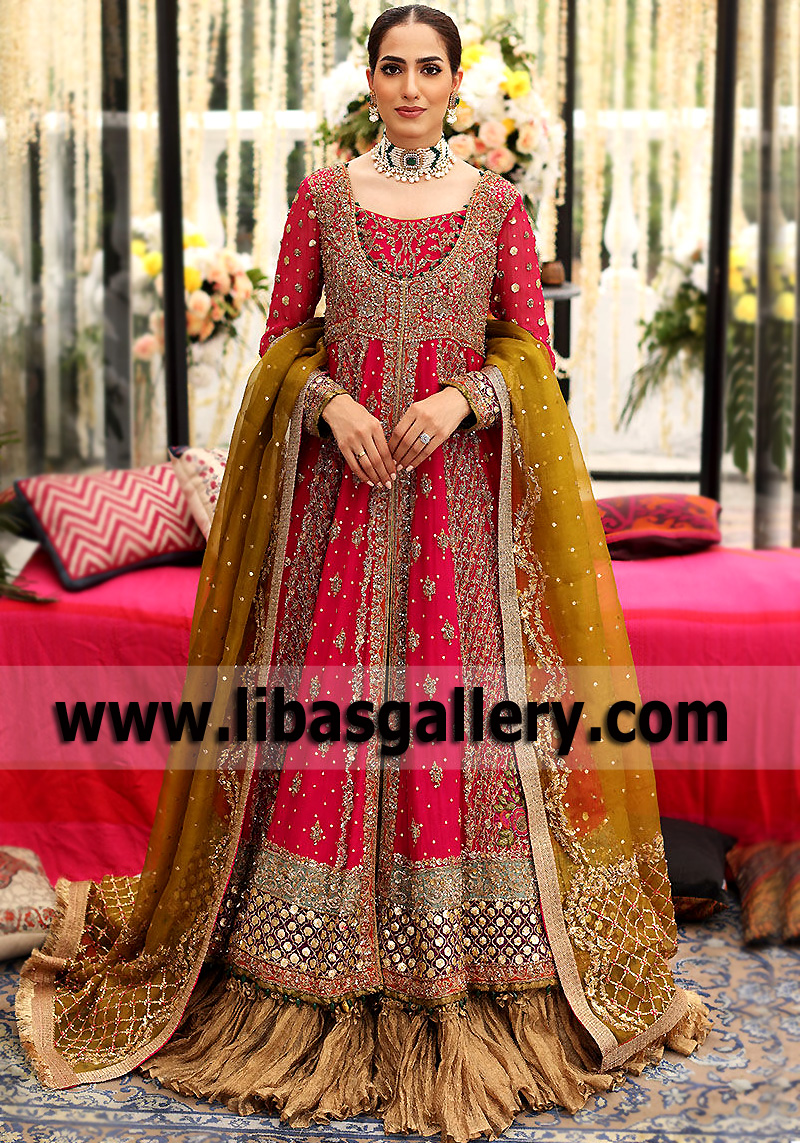 Raspberry Zoisite Pishwas with Golden Sandy Taupe Lehenga
