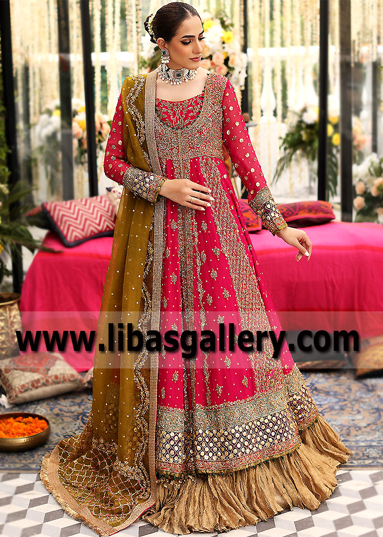 Raspberry Zoisite Pishwas with Golden Sandy Taupe Lehenga