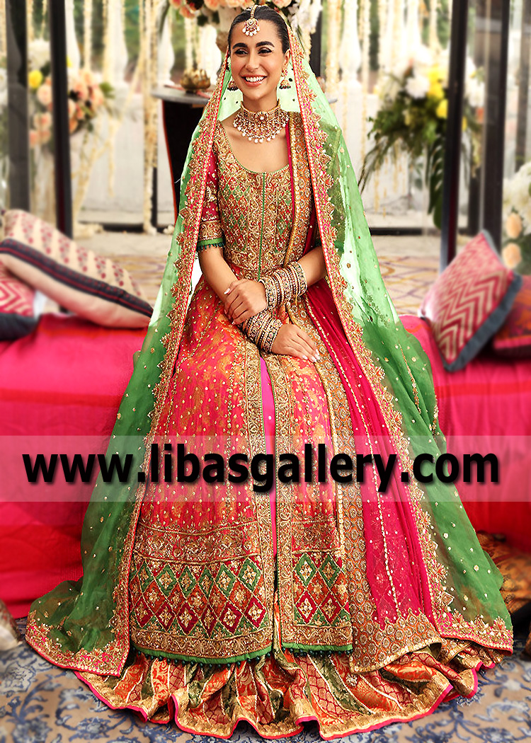 Radical Red Proustite Pishwas with Chatta Patti Lehenga