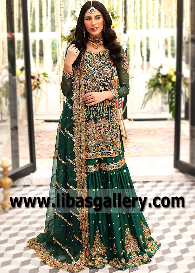 Dark Green Tsavorite Heavy Embellished Shirt with Gharara