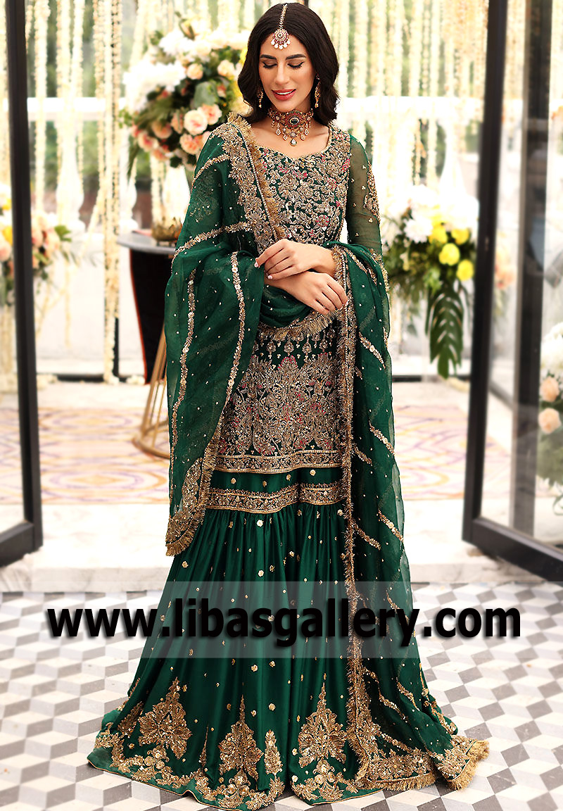 Dark Green Tsavorite Heavy Embellished Shirt with Gharara