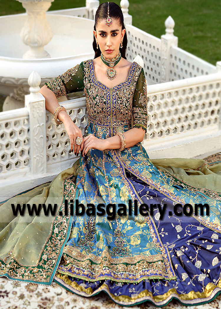 Green Blue Dioptase Jamawar Pishwas Banarsi Lehenga